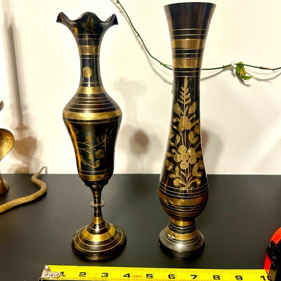 Vintage brass and gold black etched flower vases set of vase decor - Picture 1 of 2